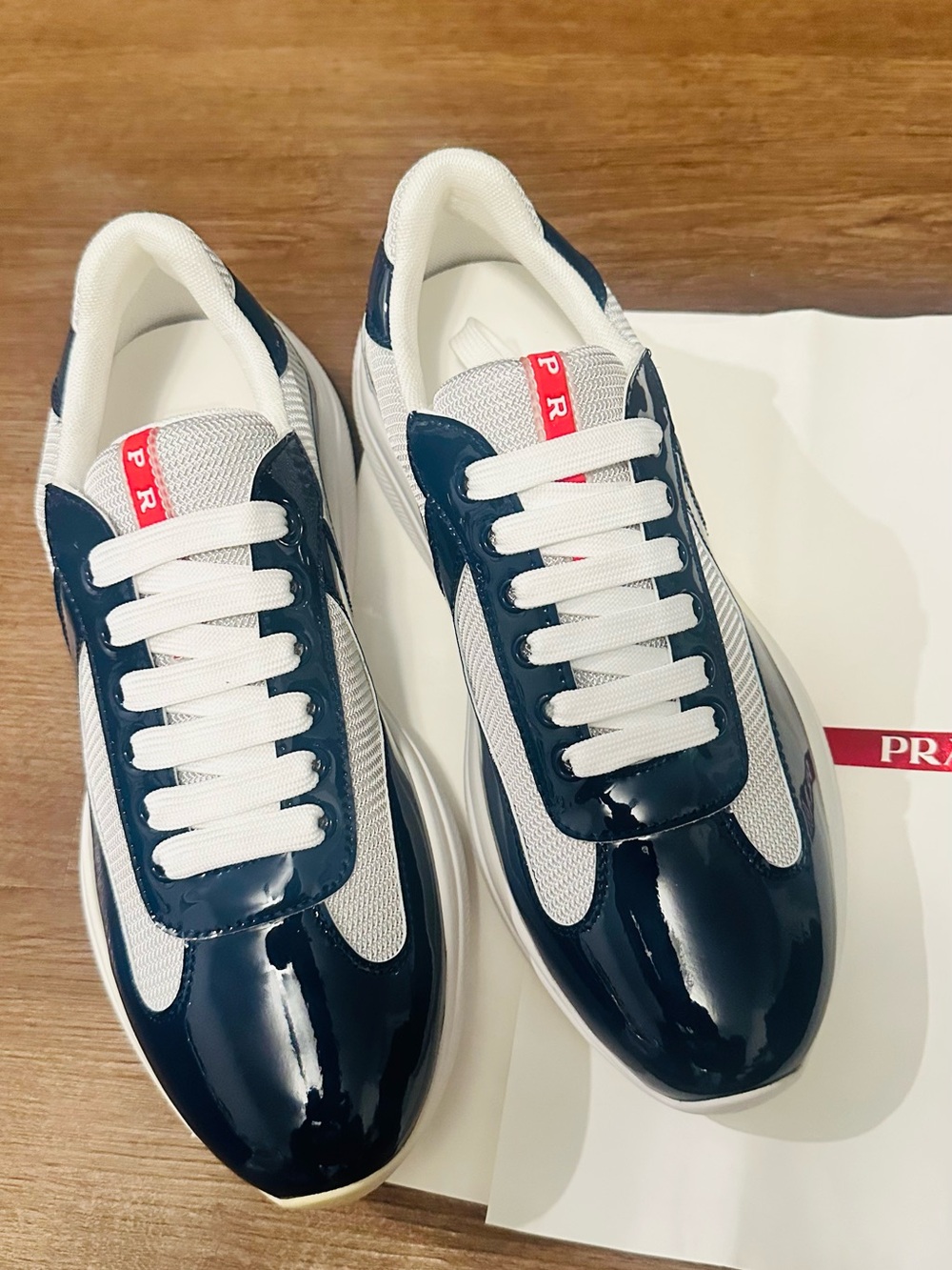 Prada Navy Patent and White Mesh Low-Top Sneakers